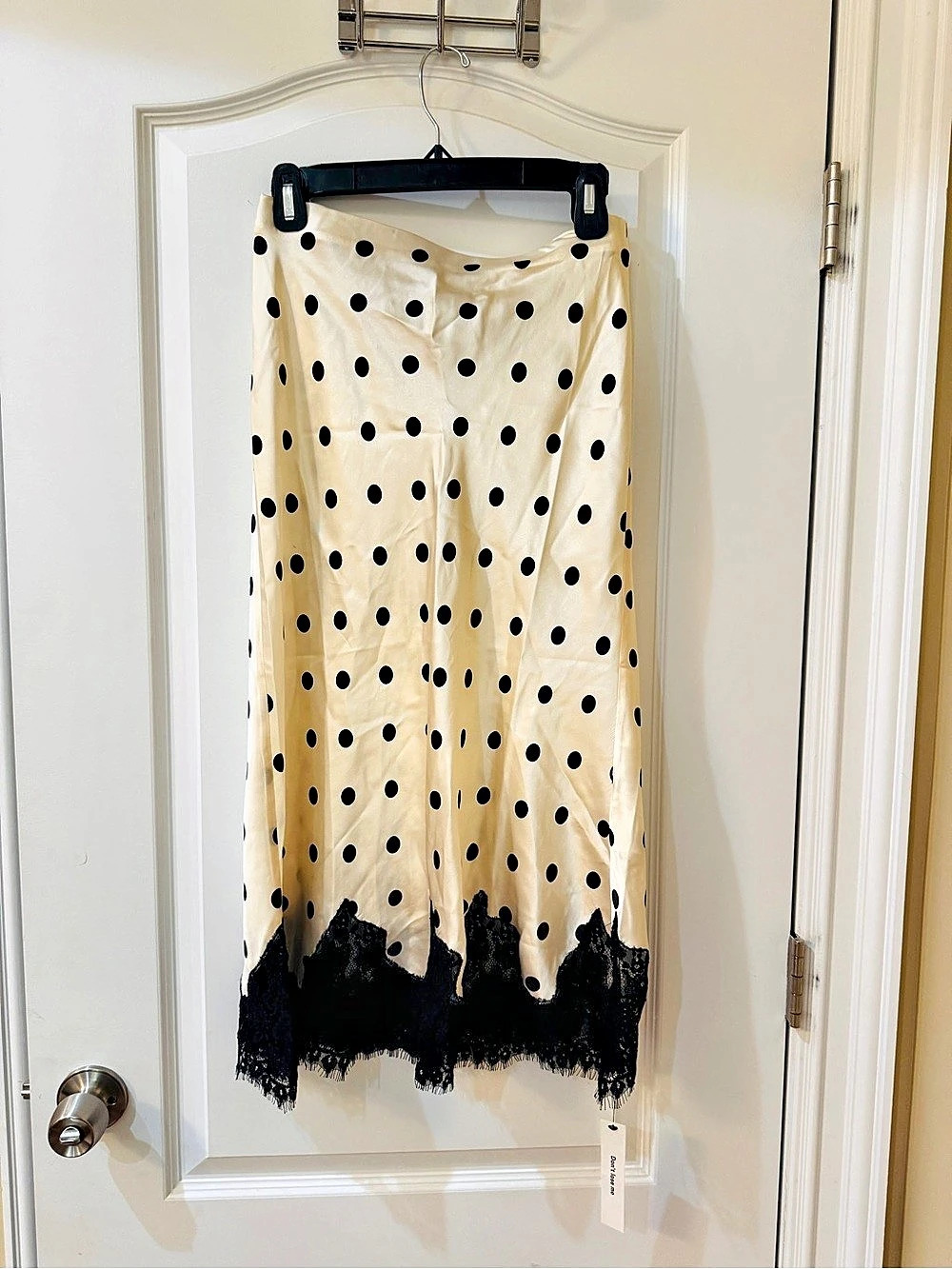 Reformation Carolina Silk Skirt Polka Dot Lace Midi Skirt in Cream & Black Size
